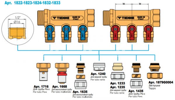 Коллектор Tiemme с шаровыми кранами Nino 1820002 ВР-НР 3/4" на 2 контура НР 1/2", модульный