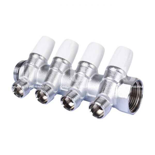 Коллектор распределительный с запорными клапанами Tiemme Maxima 1860004 ВР-НР 3/4", на 4 контура НР 1/2", модульный, хромированный