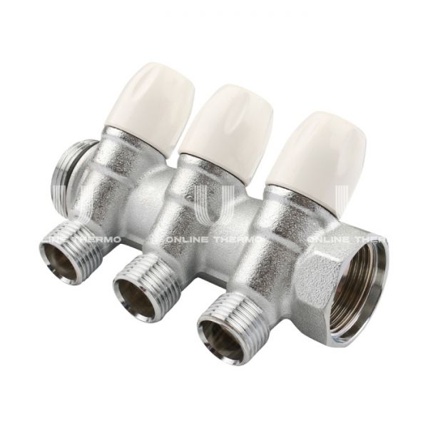 Коллектор распределительный с запорными клапанами Tiemme Maxima 1860005 ВР-НР 3/4", на 3 контура НР 1/2", модульный, хромированный