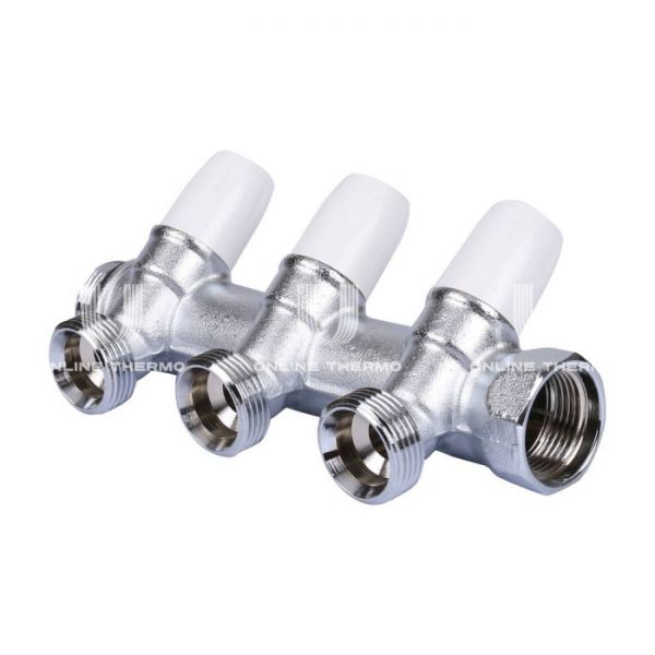 Коллектор распределительный с запорными клапанами Tiemme Maxima 1860013 ВР-НР 1" , на 3 контура НР 3/4", модульный, конусное соединение, хромированный