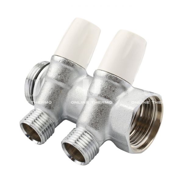 Коллектор распределительный с запорными клапанами Tiemme Maxima 1860022 ВР-НР 1", на 2 контура НР 1/2", модульный, хромированный