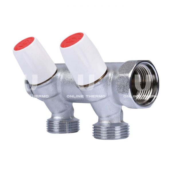 Коллектор распределительный с запорными клапанами Tiemme Maxima 1860024 ВР-НР 1", на 2 контура НР 3/4", модульный, конусное соединение, хромированный