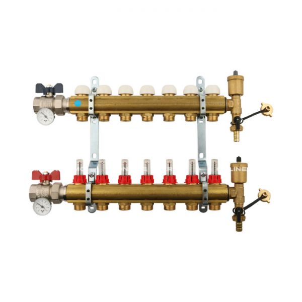 Распределительный коллектор (группа) с расходомерами Tiemme 3870004 ВР-НР 1", на 7 контуров НР 3/4" ЕК, латунь, с концевыми группами, с шаровыми кранами