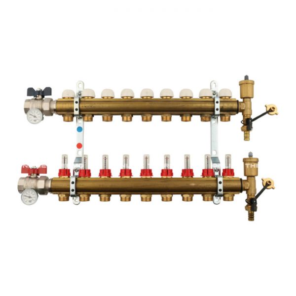 Распределительный коллектор (группа) с расходомерами Tiemme 3870009 ВР-НР 1", на 9 контуров НР 3/4" ЕК, латунь, с концевыми группами, с шаровыми кранами