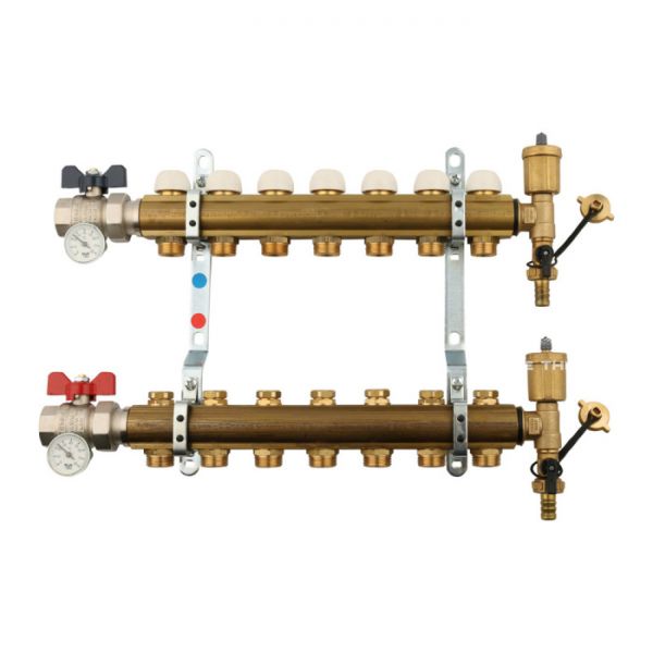 Распределительный коллектор (группа) для отопления Tiemme 3870010 ВР-НР 1", на 8 контуров НР 3/4" ЕК, латунь, с концевыми группами, с шаровыми кранами
