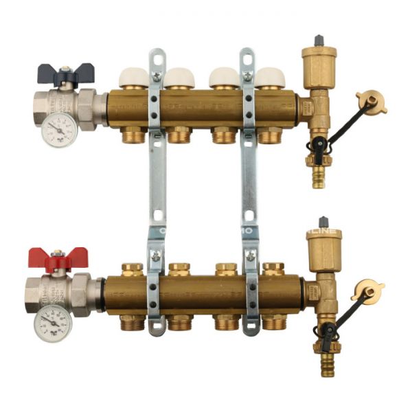 Распределительный коллектор (группа) для отопления Tiemme 3870012 ВР-НР 1", на 4 контура НР 3/4" ЕК, латунь, с концевыми группами, с шаровыми кранами