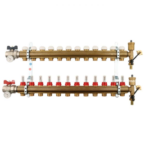 Распределительный коллектор (группа) с расходомерами Tiemme 3870018 ВР-НР 1", на 12 контуров НР 3/4" ЕК, латунь, с концевыми группами, с шаровыми кранами