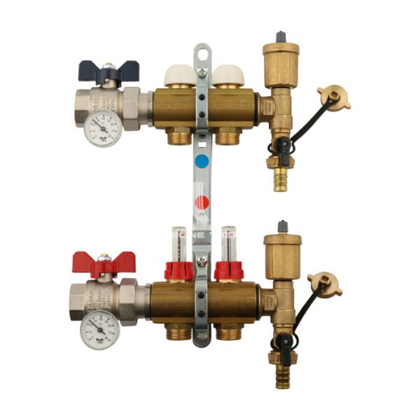 Распределительный коллектор (группа) с расходомерами Tiemme 3870027 ВР-НР 1", на 2 контура НР 3/4" ЕК, латунь, с концевыми группами, с шаровыми кранами