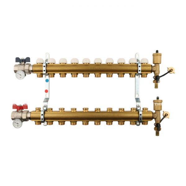 Распределительный коллектор (группа) для отопления Tiemme 3870036 ВР-НР 1", на 10 контуров НР 3/4" ЕК, латунь, с концевыми группами, с шаровыми кранами