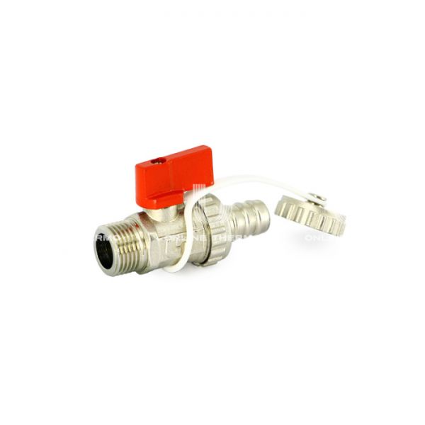 Кран шаровый дренажный со штуцером и заглушкой Uni-Fitt 126N2000, 1/2" НР-штуцер, ручка-флажок, никелированный