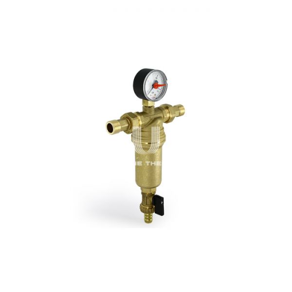 Сетчатый промывной фильтр Uni-fitt 214A2300 1/2" НР, с манометром, с дренажным краном и штуцером, с накидными гайками