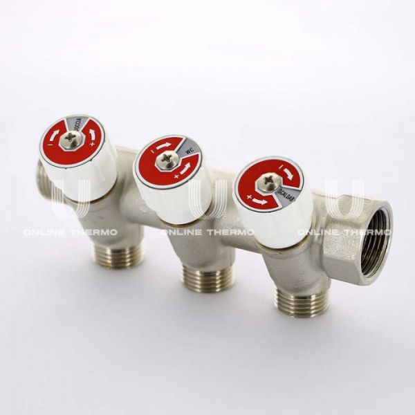 Коллектор распределительный с запорными клапанами Uni-fitt 400N3230, 3/4" ВР-НР, на 3 контура 1/2" НР, модульный, конусное соединение