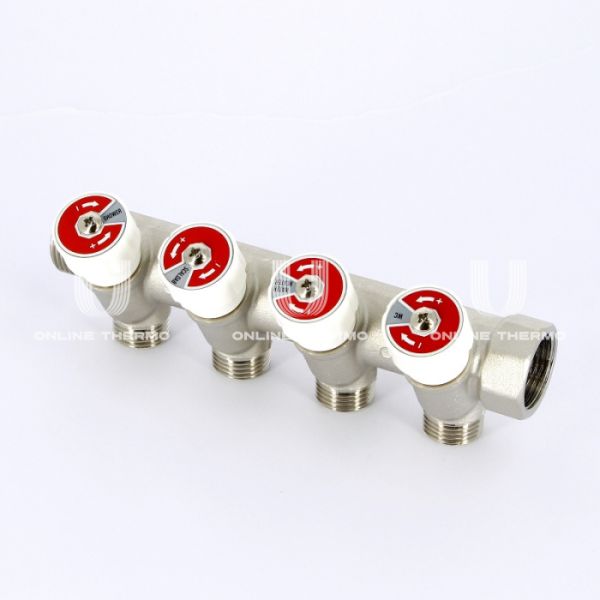 Коллектор распределительный с запорными клапанами Uni-fitt 400N3240, 3/4" ВР-НР, на 4 контура 1/2" НР, модульный, конусное соединение