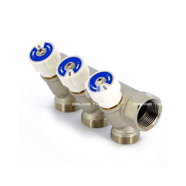 Коллектор распределительный с запорными клапанами Uni-fitt 402N3330, 3/4" ВР-НР, на 3 контура 3/4" НР, модульный, конусное соединение