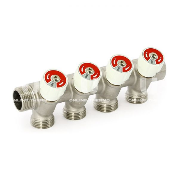Коллектор распределительный с запорными клапанами Uni-fitt 402N3340, 3/4" ВР-НР, на 4 контура 3/4" НР, модульный, конусное соединение