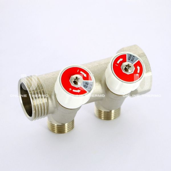 *Коллектор распределительный с запорными клапанами Uni-fitt 404N4220, 1" ВР-НР, на 2 контура 1/2" НР, модульный, конусное соединение