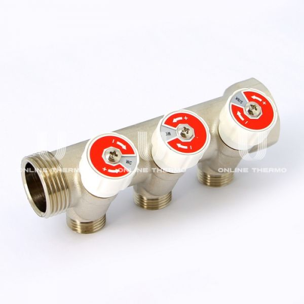 *Коллектор распределительный с запорными клапанами Uni-fitt 404N4230, 1" ВР-НР, на 3 контура 1/2" НР, модульный, конусное соединение