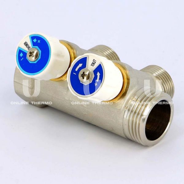 *Коллектор распределительный с запорными клапанами Uni-fitt 406N4320, 1" ВР-НР, на 2 контура 3/4" НР, модульный, конусное соединение