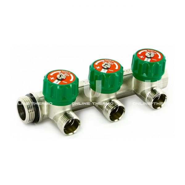 Регулирующий проходной коллектор Uni-fitt 410N3240, 3/4" ВР-НР, на 4 контура под 90° 1/2" НР, модульный, конусное соединение