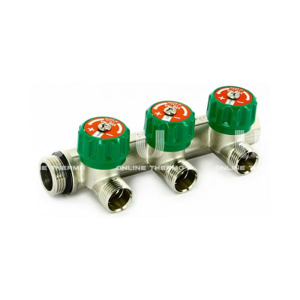 Регулирующий проходной коллектор Uni-fitt 410N4320, 3/4" ВР-НР, на 2 контура под 90° 1" НР, модульный, никелированный