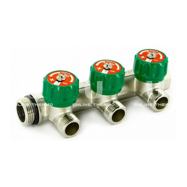 Регулирующий проходной коллектор Uni-fitt 411N3230, 3/4" ВР-НР, на 3 контура под 90° 1/2" НР, модульный, плоское соединение