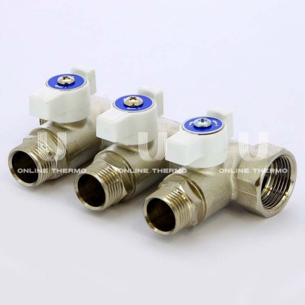 Коллектор Uni-Fitt с шаровыми кранами 420N3230, 3/4" ВР-НР на 3 контура 1/2" НР, модульный, конусное соединение