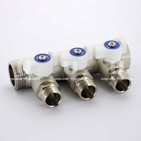 Коллектор Uni-Fitt с шаровыми кранами 424N4230, 1" ВР-НР на 3 контура 1/2" НР, модульный, конусное соединение