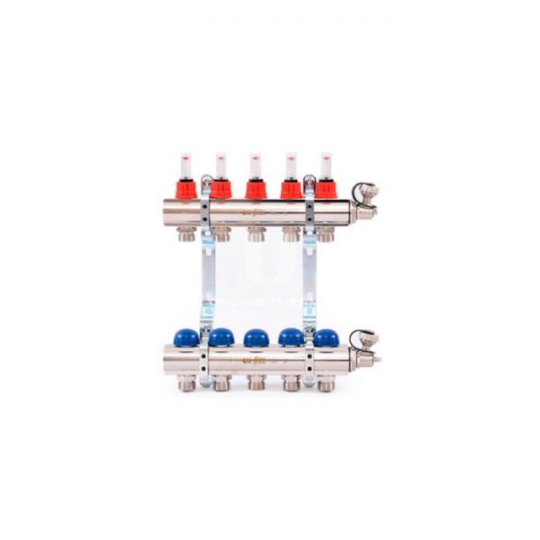 Распределительный коллектор (группа) с расходомерами Uni-fitt 440E4310 ВР 1", на 10 контуров 3/4" ЕК ЕК, латунь, с концевыми группами