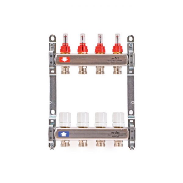 Распределительный коллектор (группа) с расходомерами Uni-fitt 450B4304 ВР 1", на 4 контура  3/4" EK, нержавеющая сталь