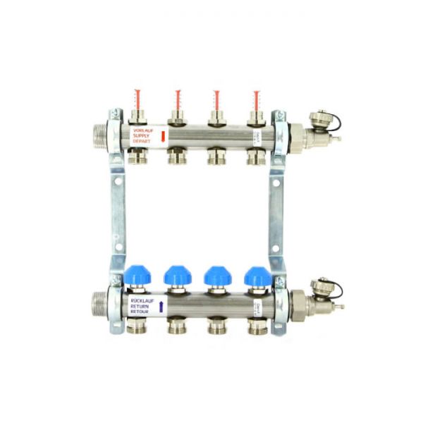 Распределительный коллектор (группа) с расходомерами Uni-fitt 455W4307 НР 1", на 7 контуров 3/4" EK, нержавеющая сталь, с концевыми группами