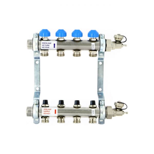 Распределительный коллектор (группа) для отопления  Uni-fitt 456W4312 НР 1", на 12 контуров 3/4" ЕК, нержавеющая сталь, с концевыми группами
