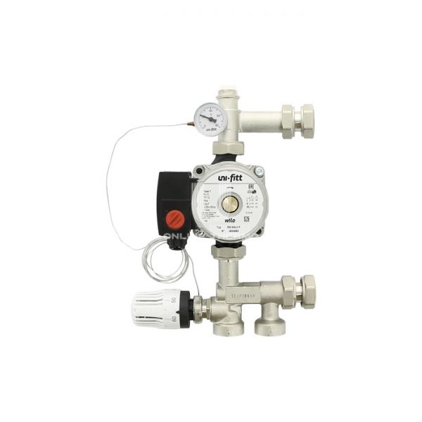 Насосно-смесительный узел Uni-Fitt Solomix Mini 474W1102, с накидной гайкой 1", c насосом Wilo RS 15/6-130