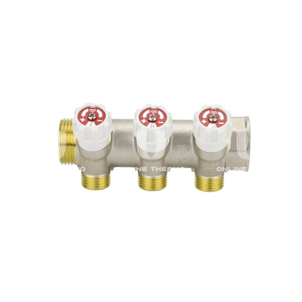 Коллектор распределительный с запорными клапанами Varmega VM14723, 1", на 3 выхода 1/2"