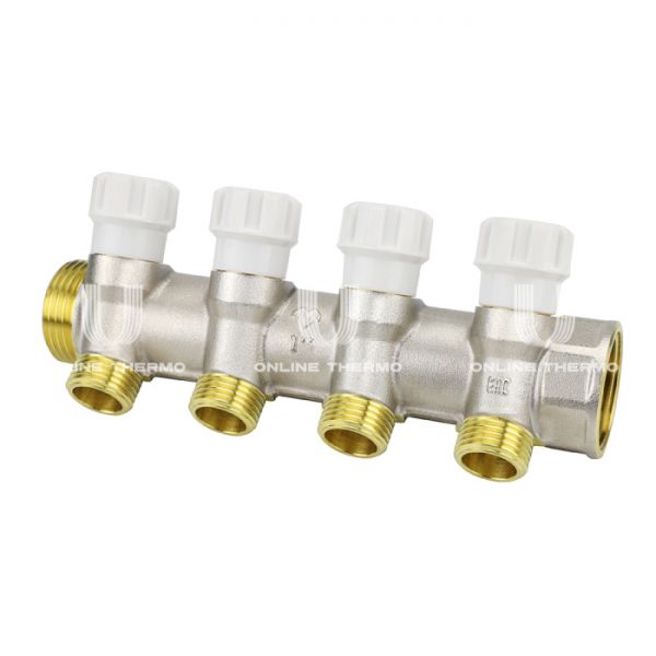 Коллектор распределительный с запорными клапанами Varmega VM14724, 1", на 4 выхода 1/2"