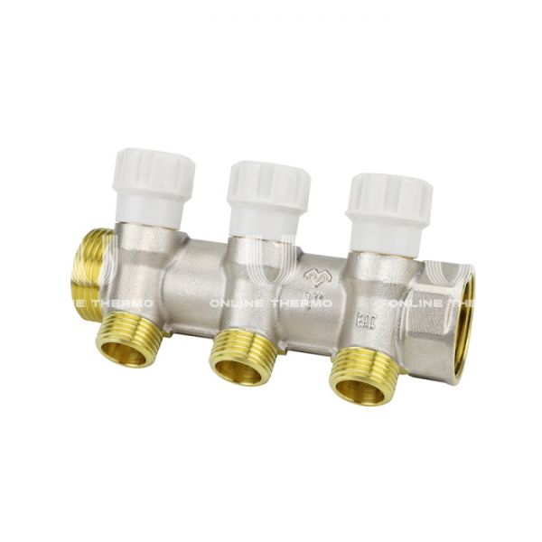 Коллектор распределительный с запорными клапанами Varmega VM14733, 1", на 3 выхода 3/4"ЕК