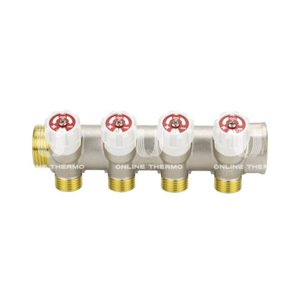 Коллектор распределительный с запорными клапанами Varmega VM14734, 1", на 4 выхода 3/4"ЕК