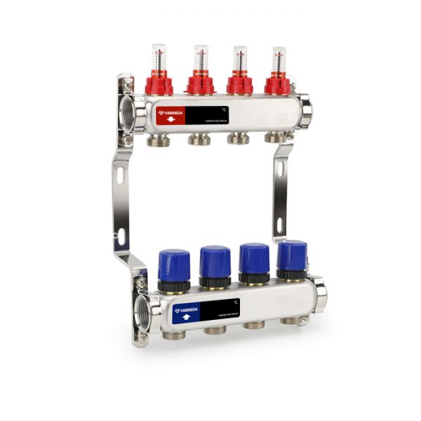 Распределительный коллектор (группа) с расходомерами Varmega VM15104 ВР 1", на 4 контура 3/4" EK, нержавеющая сталь