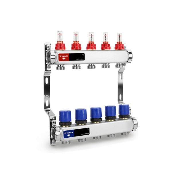 Распределительный коллектор (группа) с расходомерами Varmega VM15105 ВР 1", на 5 контуров 3/4" EK, нержавеющая сталь