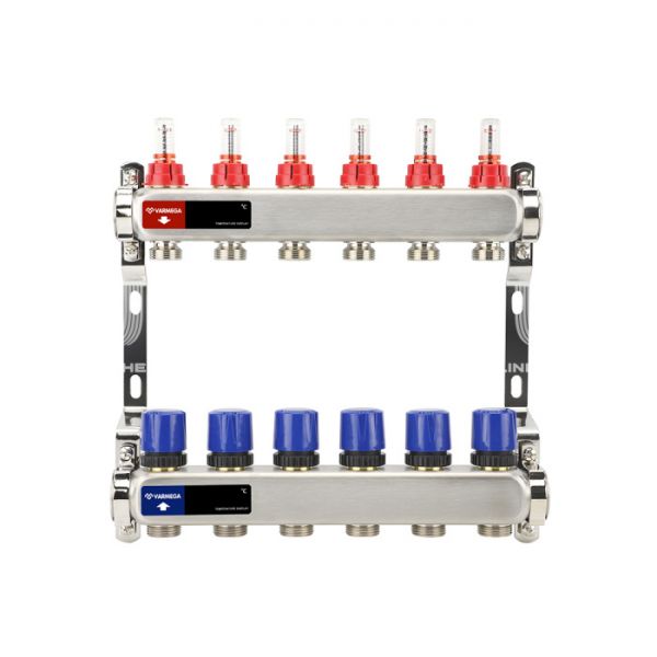 Распределительный коллектор (группа) с расходомерами Varmega VM15106 ВР 1", на 6 контуров 3/4" EK, нержавеющая сталь