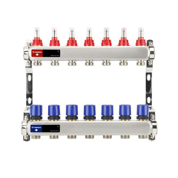 Распределительный коллектор (группа) с расходомерами Varmega VM15107 ВР 1", на 7 контуров 3/4" EK, нержавеющая сталь