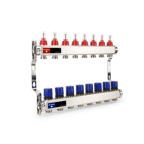 Распределительный коллектор (группа) с расходомерами Varmega VM15108 ВР 1", на 8 контуров 3/4" EK, нержавеющая сталь