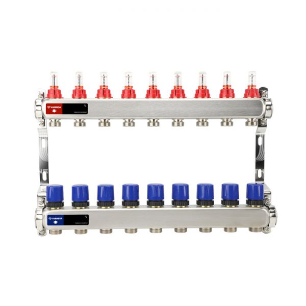 Распределительный коллектор (группа) с расходомерами Varmega VM15109 ВР 1", на 9 контуров 3/4" EK, нержавеющая сталь