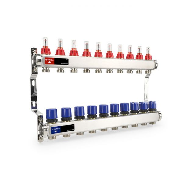 Распределительный коллектор (группа) с расходомерами Varmega VM15110 ВР 1", на 10 контуров 3/4" EK, нержавеющая сталь