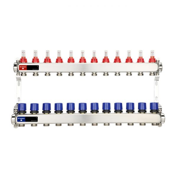 Распределительный коллектор (группа) с расходомерами Varmega VM15112 ВР 1", на 12 контуров 3/4" EK, нержавеющая сталь