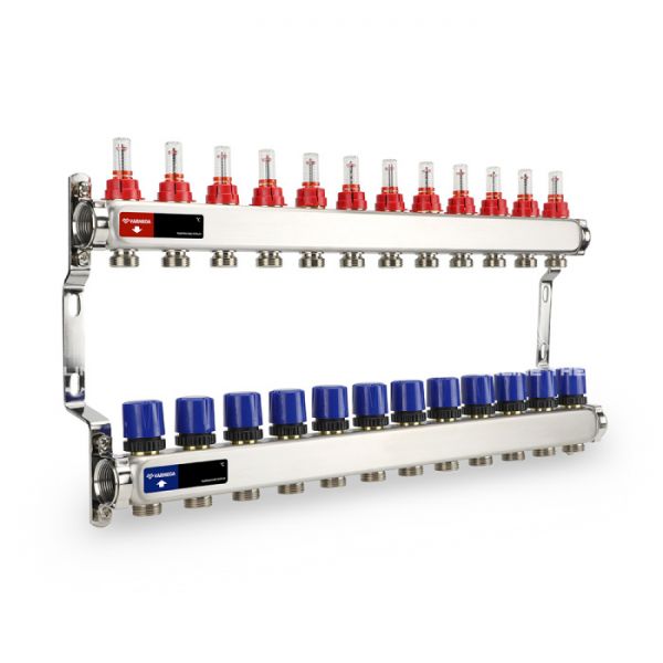 Распределительный коллектор (группа) с расходомерами Varmega VM15112 ВР 1", на 12 контуров 3/4" EK, нержавеющая сталь