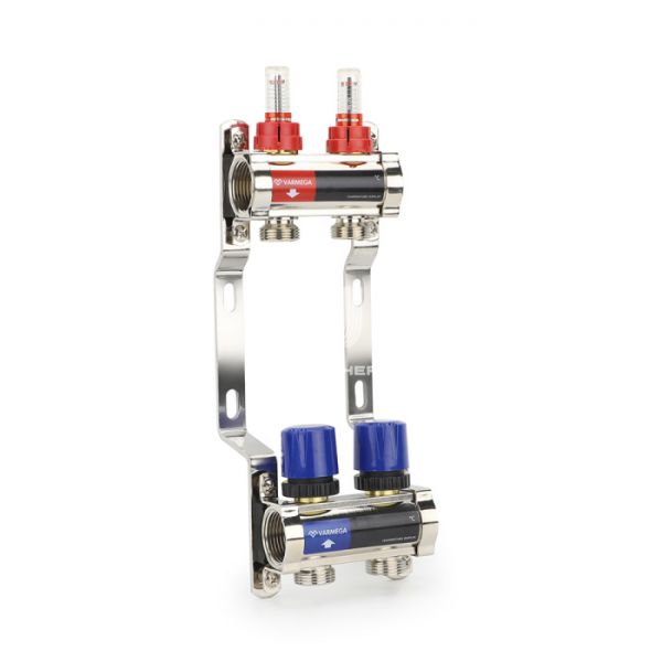 Коллекторная группа с расходомерами Varmega VM15402 ВР 1", на 2 контура 3/4" EK, латунь