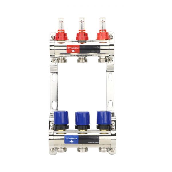 Коллекторная группа с расходомерами Varmega VM15403 ВР 1", на 3 контура 3/4" EK, латунь