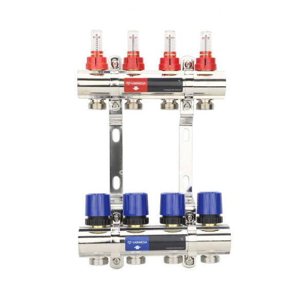 Коллекторная группа с расходомерами Varmega VM15404 ВР 1", на 4 контура 3/4" EK, латунь