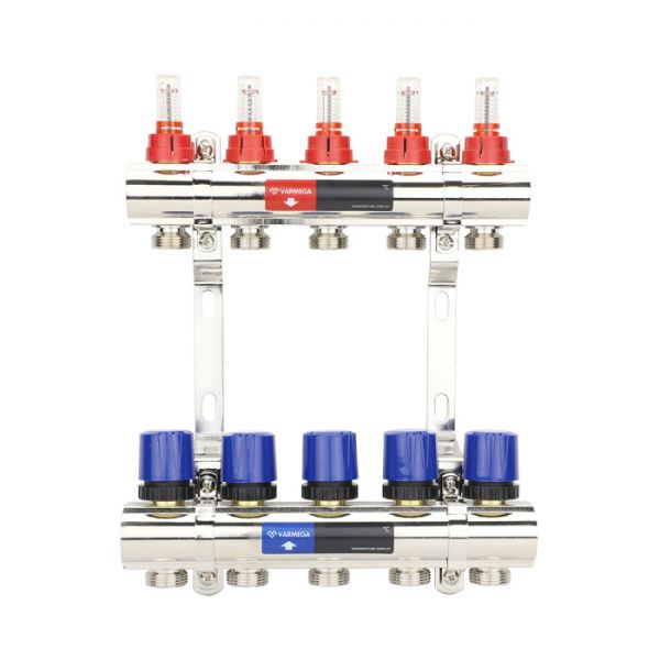 Коллекторная группа с расходомерами Varmega VM15405 ВР 1", на 5 контуров 3/4" EK, латунь