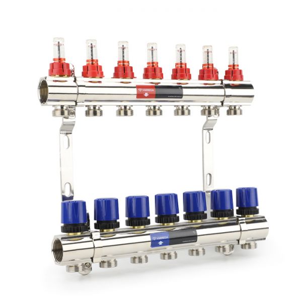 Коллекторная группа с расходомерами Varmega VM15407 ВР 1", на 7 контуров 3/4" EK, латунь